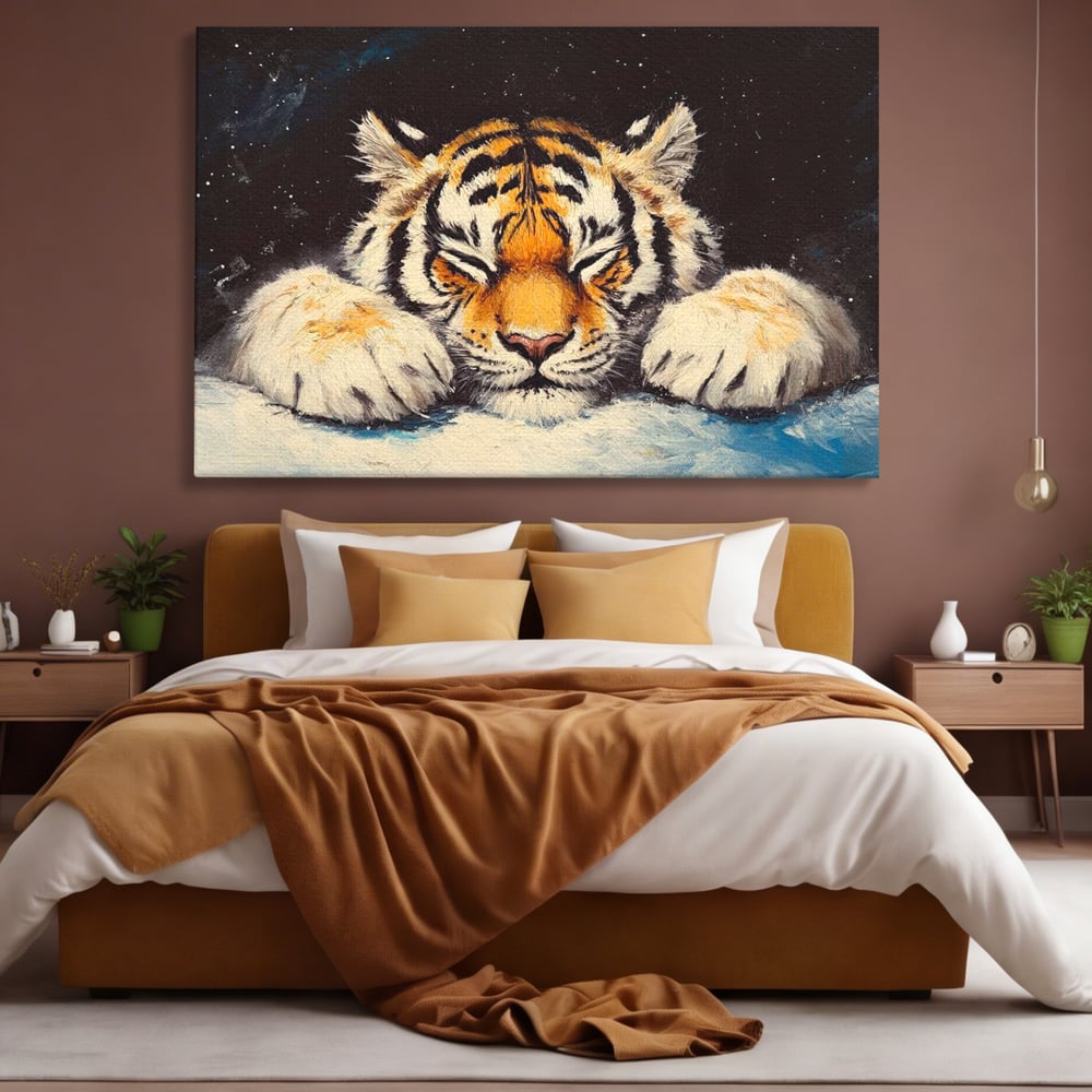 Tablou canvas cu tablou canvas cu pui de tigru dormind, fara rama, pe sasiu de lemn, pe perete intr-un dormitor